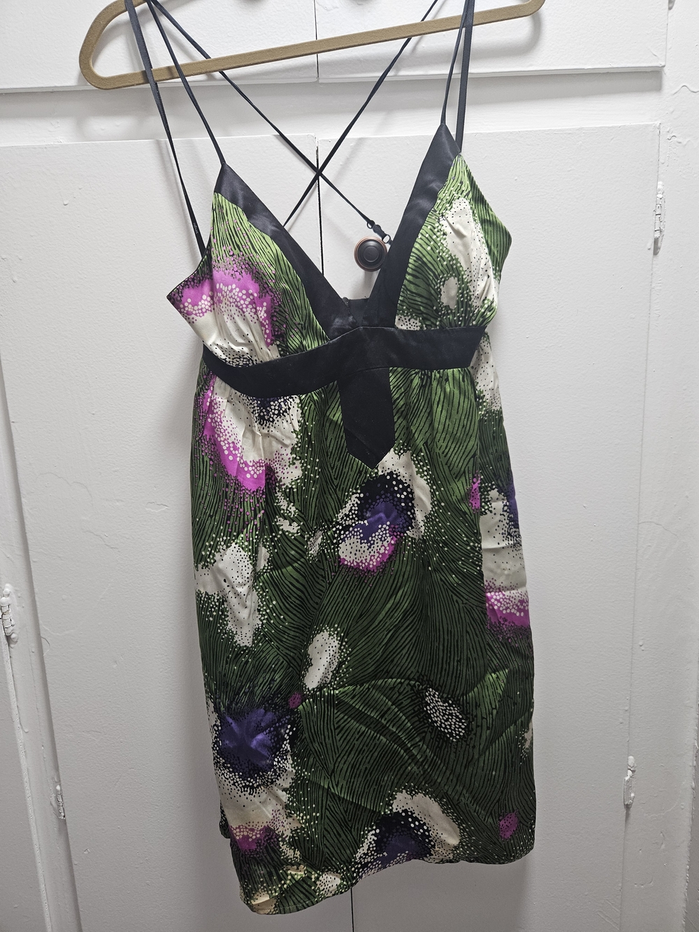 Single Green Floral Slip Dress with Black Trim